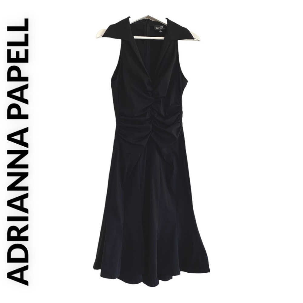 ADRIANNA PAPELL BLACK SATIN RUCHED TRUMPET HEM SLEEVELESS COLLAR DRESS SIZE 4